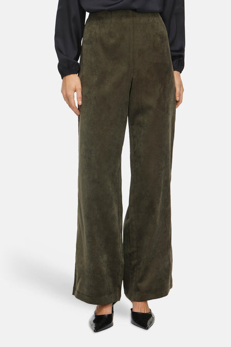 Olive green corduroy wide-leg pants by VILA, front view, paired with black blouse and patent shoes