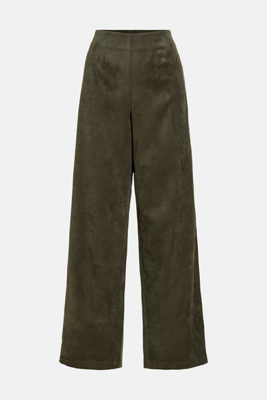Olive green corduroy wide-leg pants by VILA, front view, ribbed texture, straight cut, elastic waistband