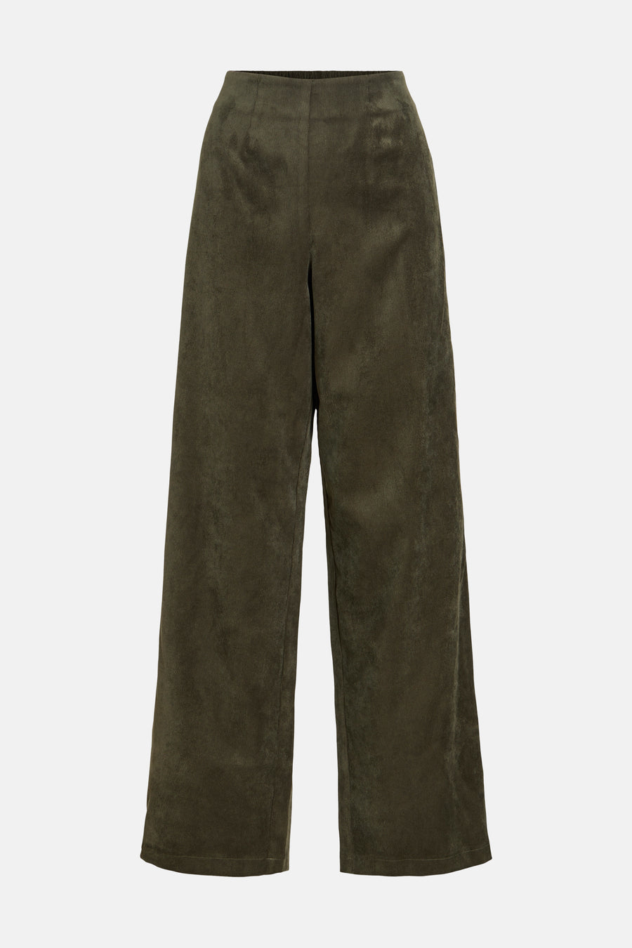 Olive green corduroy wide-leg pants by VILA, front view, ribbed texture, straight cut, elastic waistband