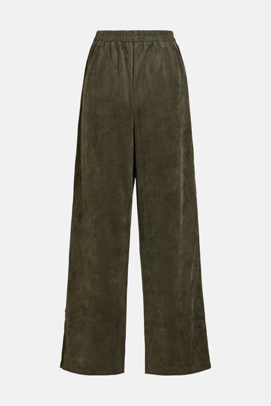 Olive green corduroy wide-leg pants by VILA, featuring elastic waistband and front view display