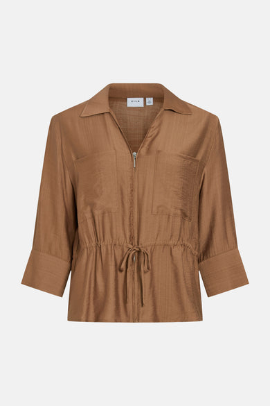 Tan 3/4-sleeve blouse with front zipper and drawstring waist by VILA, featuring two chest pockets and a collared neckline, shown in front view.