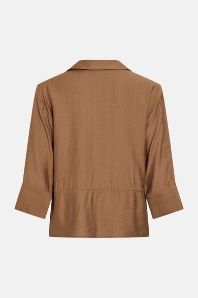 Tan 3/4 sleeve blouse with textured fabric and back view, featuring a collar and gathered waist detail