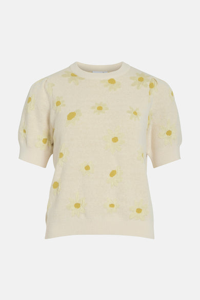 Pull ras du cou multicolore de VILA®, orné de motifs floraux pâles et de manches courtes bouffantes.