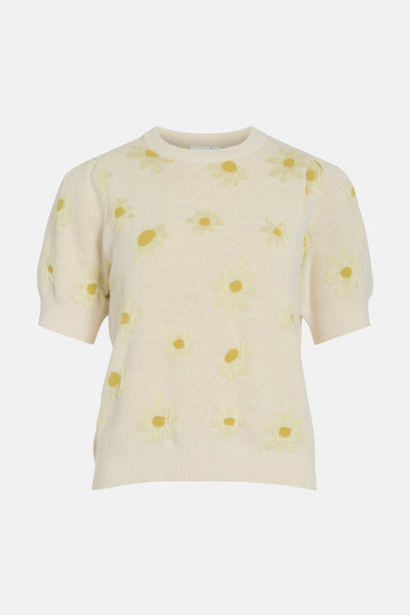 Pull ras du cou multicolore de VILA®, orné de motifs floraux pâles et de manches courtes bouffantes.