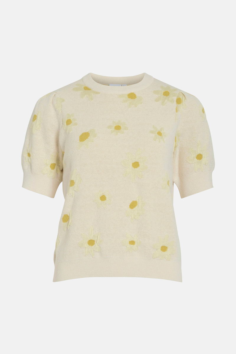 Pull ras du cou multicolore de VILA®, orné de motifs floraux pâles et de manches courtes bouffantes.
