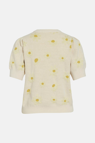 Pull à col rond multicolore de VILA®, orné de motifs floraux marguerite et de manches bouffantes courtes.