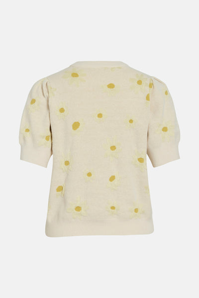 Pull à col rond multicolore de VILA®, orné de motifs floraux marguerite et de manches bouffantes courtes.