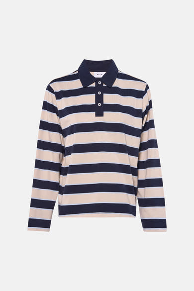 Sweat bleu à rayures contrastantes par VILA, avec col polo et manches longues.