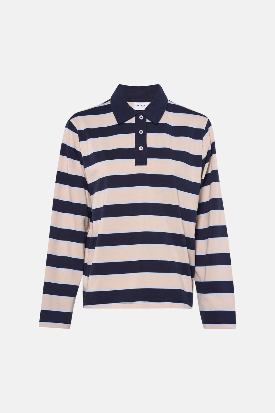 Sweat bleu à rayures contrastantes par VILA, avec col polo et manches longues.