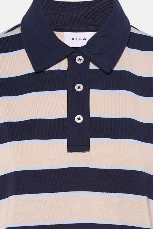 Sweat rayé bleu et beige de VILA, avec un col classique et une patte de boutonnage.