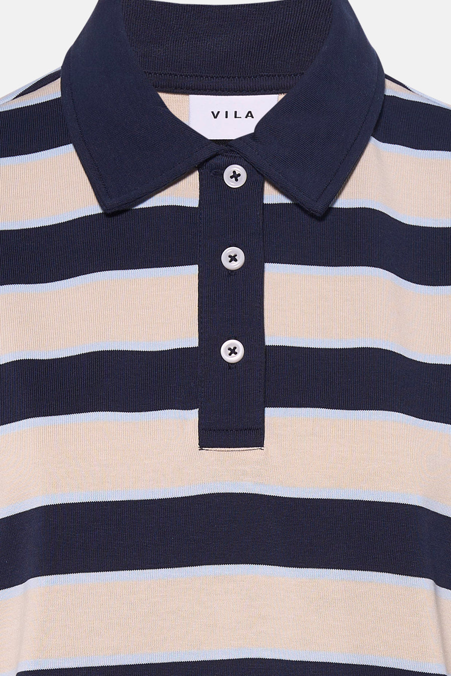 Sweat rayé bleu et beige de VILA, avec un col classique et une patte de boutonnage.