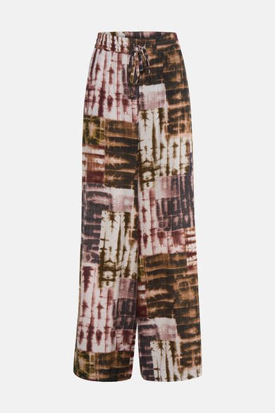 Multicolored wide-leg pants with abstract tie-dye pattern, elastic waistband and drawstring, front view