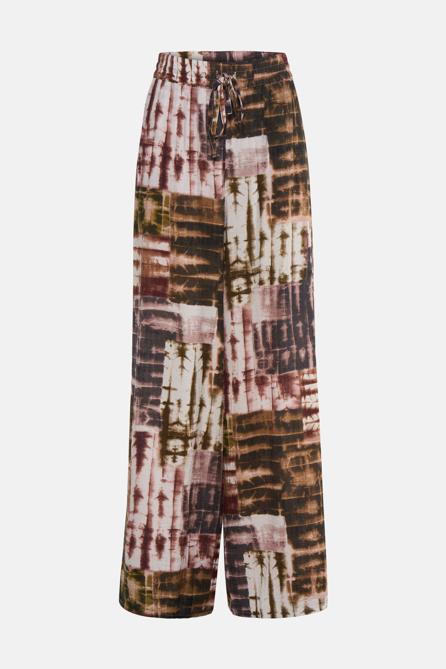 Multicolored wide-leg pants with abstract tie-dye pattern, elastic waistband and drawstring, front view