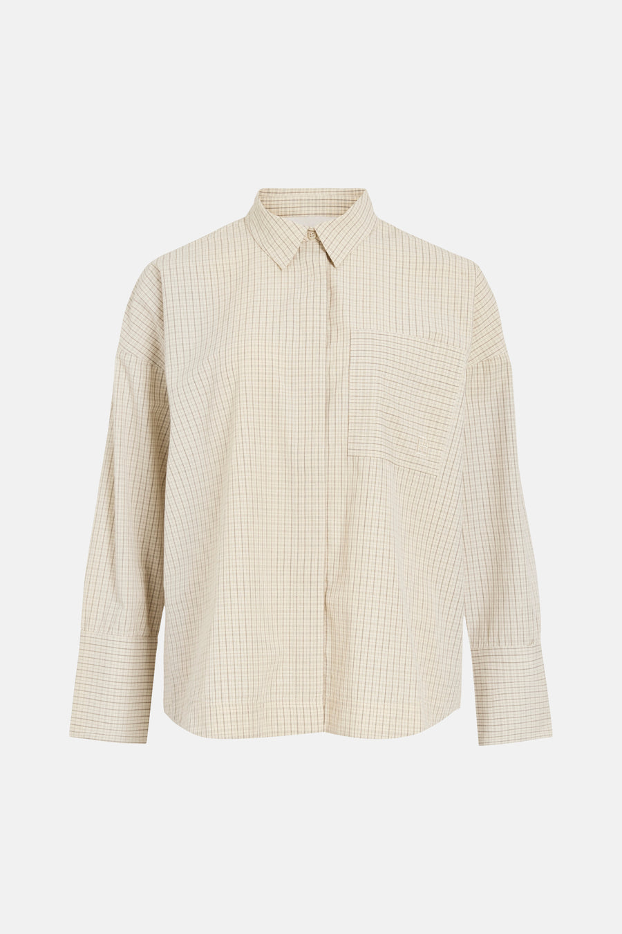 Beige long-sleeve checkered shirt with button-down collar and chest pocket, front view