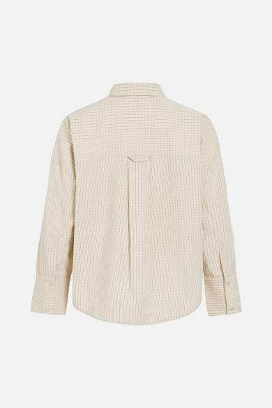 Beige long-sleeve checkered blouse with back pleat and buttoned cuffs, back view