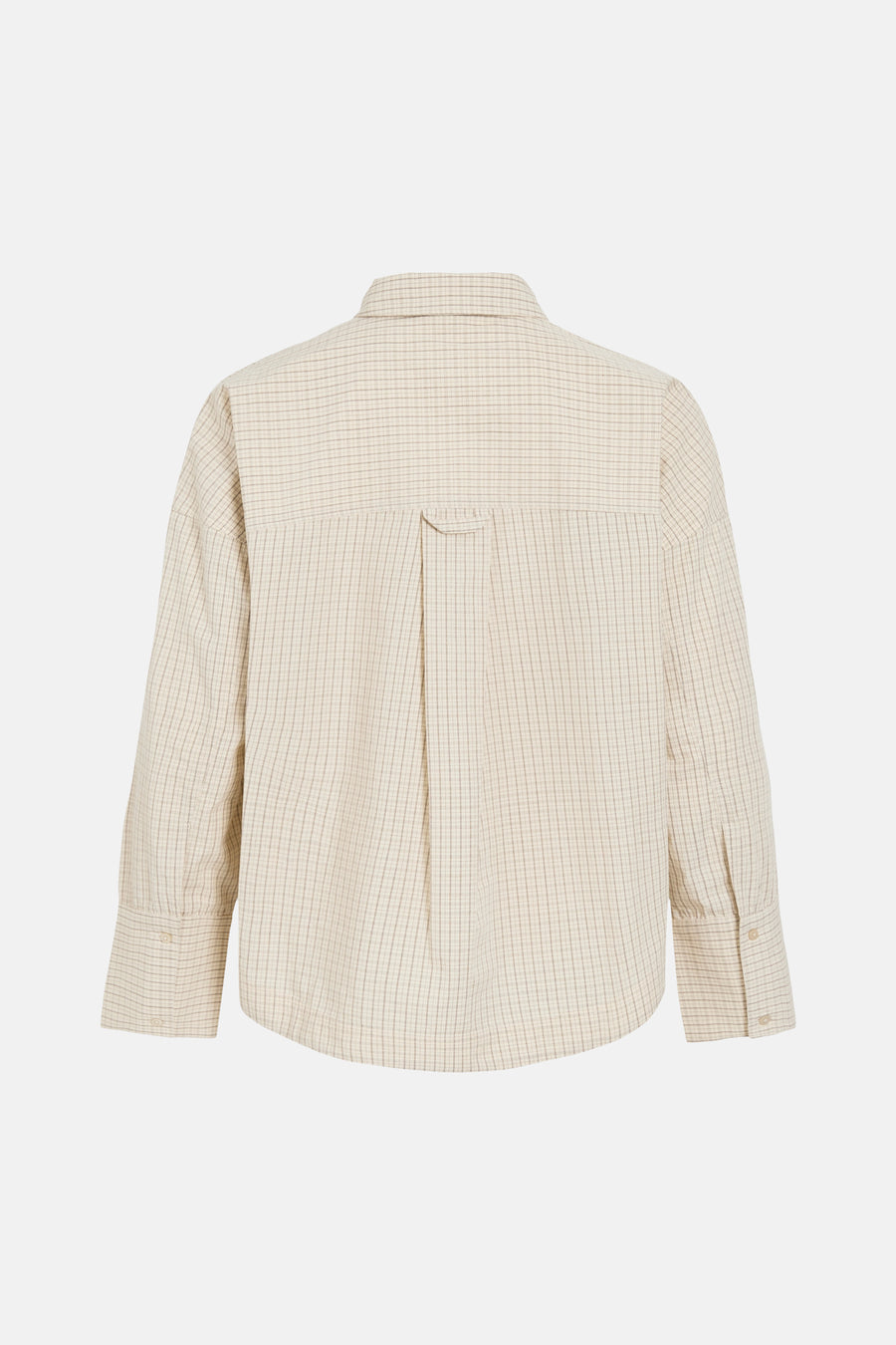 Beige long-sleeve checkered blouse with back pleat and buttoned cuffs, back view