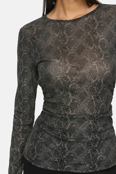 Black long-sleeve T-shirt with snakeskin print and ruched waist, cropped front view