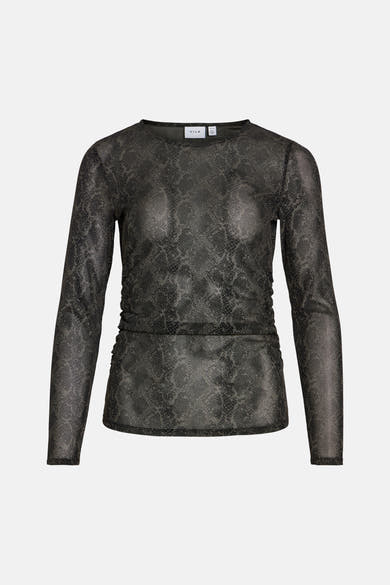 Black long-sleeve T-shirt with snakeskin pattern and ruched waist by VILA, sheer textured fabric, front view