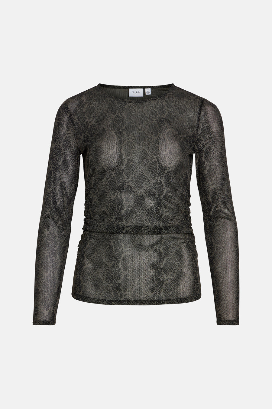 Black long-sleeve T-shirt with snakeskin pattern and ruched waist by VILA, sheer textured fabric, front view