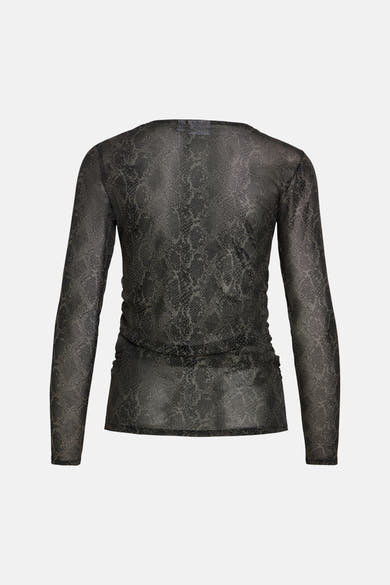 Black long-sleeve T-shirt with snakeskin print and ruched back detail, shown from rear view
