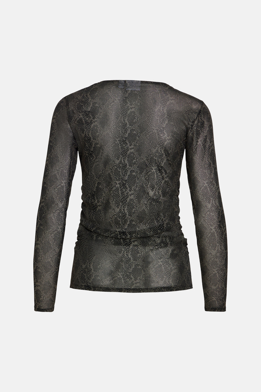 Black long-sleeve T-shirt with snakeskin print and ruched back detail, shown from rear view