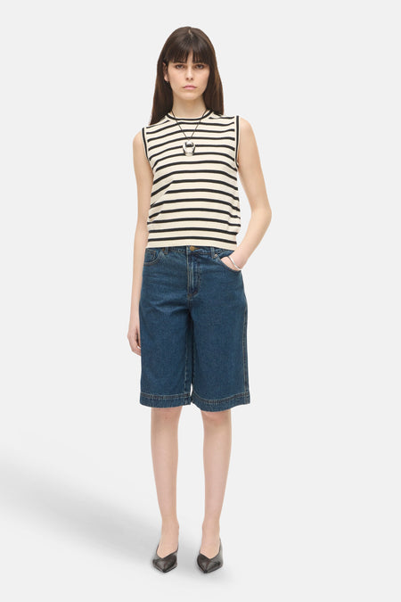 Dames tops korte broek 5pocket mid blue denim - ROUGE EDIT