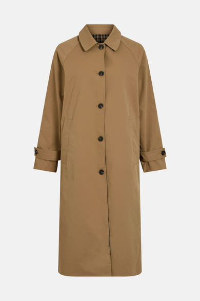 Trench marron à boutons noirs par VILA, col classique, poignets rabattus, vue de face