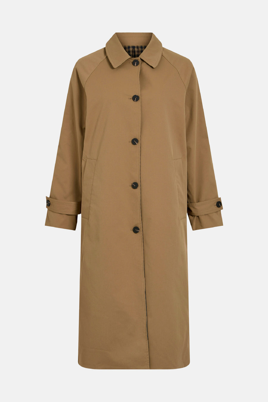 Trench marron à boutons noirs par VILA, col classique, poignets rabattus, vue de face