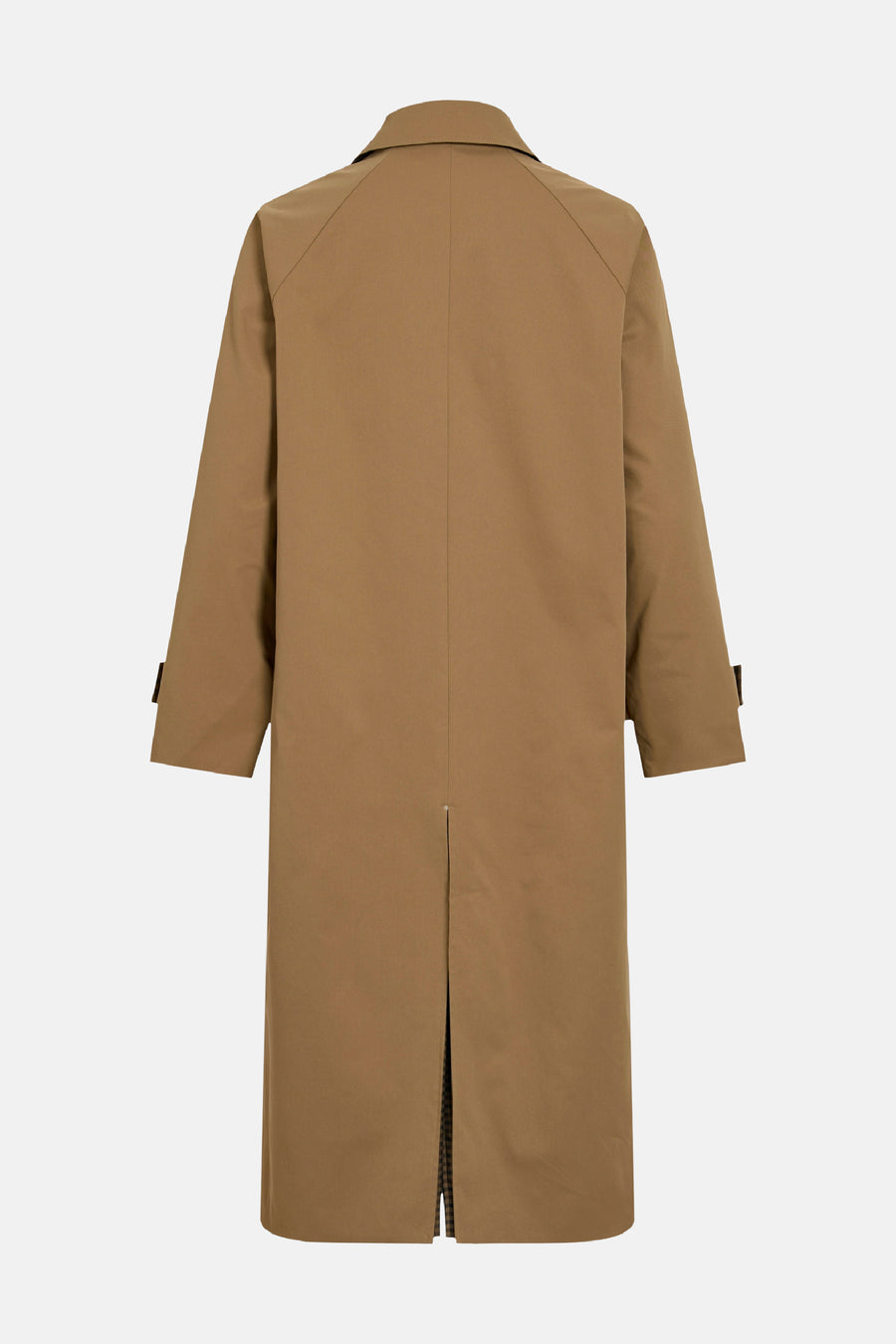 Trench marron long de VILA®, vue arrière, avec fente centrale et détails contrastés aux poignets