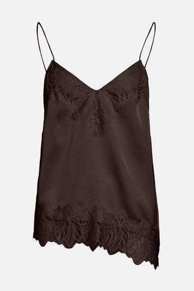 Caraco marron VILA® avec bordure en dentelle florale en haut et en bas.