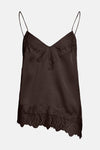 Caraco marron VILA® avec bordure en dentelle florale en haut et en bas.
