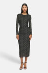 Black long-sleeve midi dress with snakeskin pattern, form-fitting silhouette, round neckline, and sheer fabric texture, shown on model in front view.