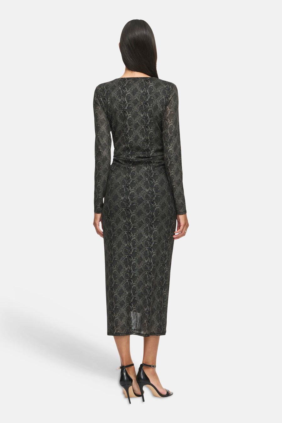 Black long-sleeve snake print midi dress by Black Beauty, back view, sheer textured fabric, wrap waist, model wears black heels