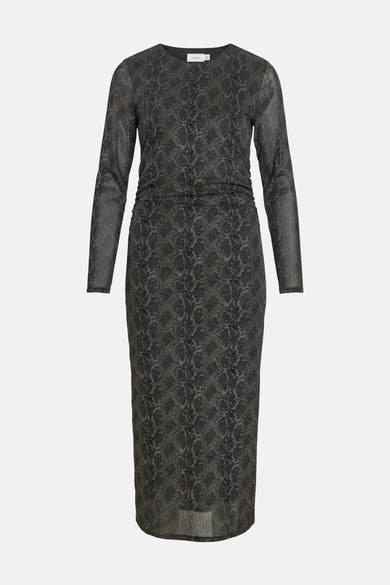 Black long-sleeve snake-print dress by VILA, fitted silhouette with ruched waist, sheer textured fabric, front view