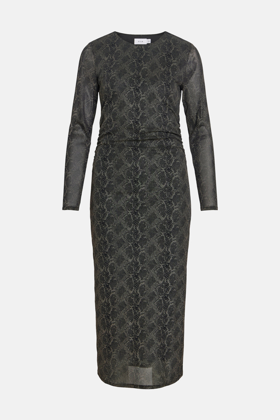 Black long-sleeve snake-print dress by VILA, fitted silhouette with ruched waist, sheer textured fabric, front view