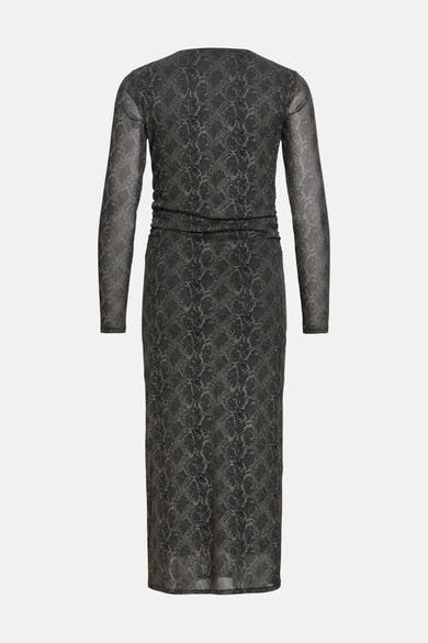 Black long-sleeve dress with snakeskin pattern, back view, sheer textured fabric, fitted waist with ruching detail