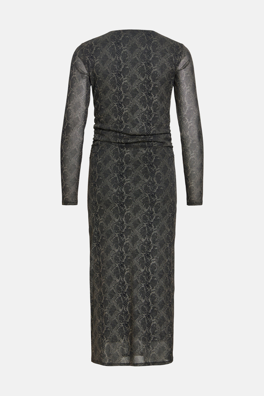Black long-sleeve dress with snakeskin pattern, back view, sheer textured fabric, fitted waist with ruching detail