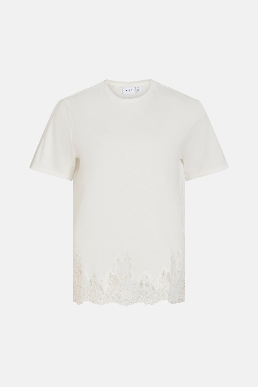 Top blanc uni à manches courtes de VILA® avec bordure en dentelle au bas, vue frontale
