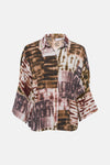 Multicolored long-sleeve shirt with tie-dye pattern by VILA, featuring earthy tones and front button closure, displayed flat front view
