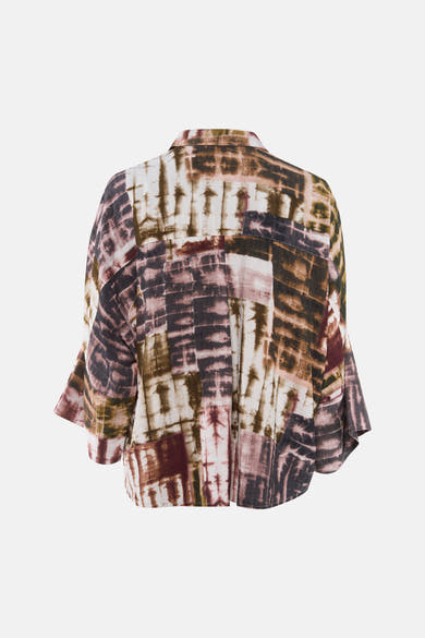 Multicolored long-sleeve blouse with tie-dye pattern, back view, relaxed fit, textured fabric