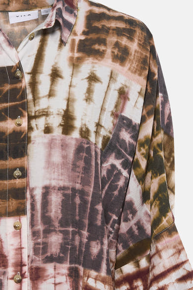 Multicolored long-sleeve blouse with tie-dye pattern by VILA, featuring earthy tones and front button closure, close-up view
