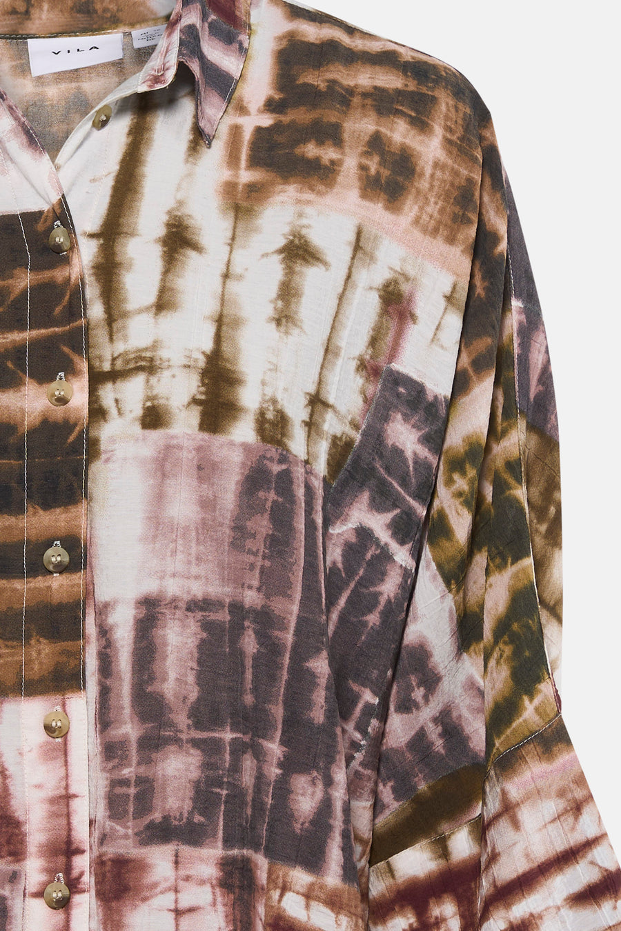 Multicolored long-sleeve blouse with tie-dye pattern by VILA, featuring earthy tones and front button closure, close-up view