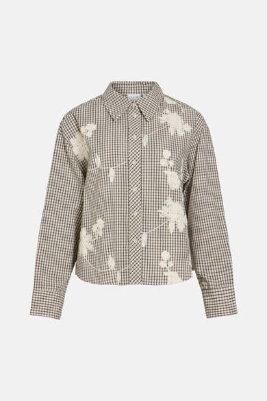 Beige and black gingham long-sleeve blouse by VILA with white floral lace appliqués, front button closure, classic collar, flat lay view