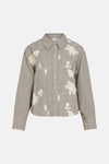 Beige and black gingham long-sleeve blouse by VILA with white floral lace appliqués, front button closure, classic collar, flat lay view
