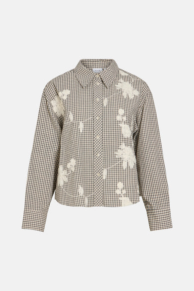 Beige and black gingham long-sleeve blouse by VILA with white floral lace appliqués, front button closure, classic collar, flat lay view