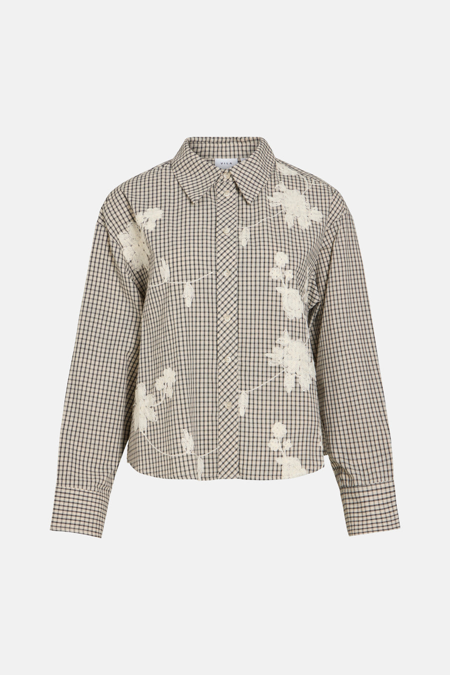 Beige and black gingham long-sleeve blouse by VILA with white floral lace appliqués, front button closure, classic collar, flat lay view