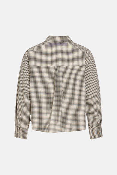 Cream and black checkered long-sleeve blouse with back pleat, back view