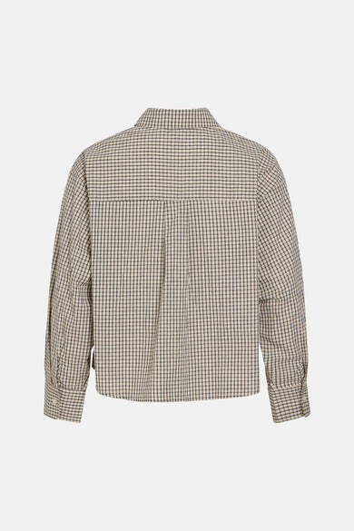 Cream and black checkered long-sleeve blouse with back pleat, back view