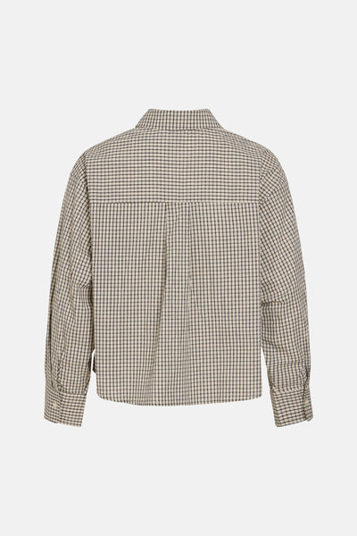 Cream and black checkered long-sleeve blouse with back pleat, back view
