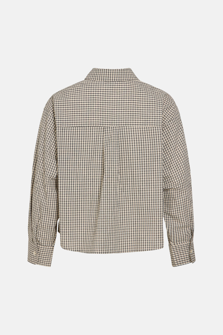 Cream and black checkered long-sleeve blouse with back pleat, back view